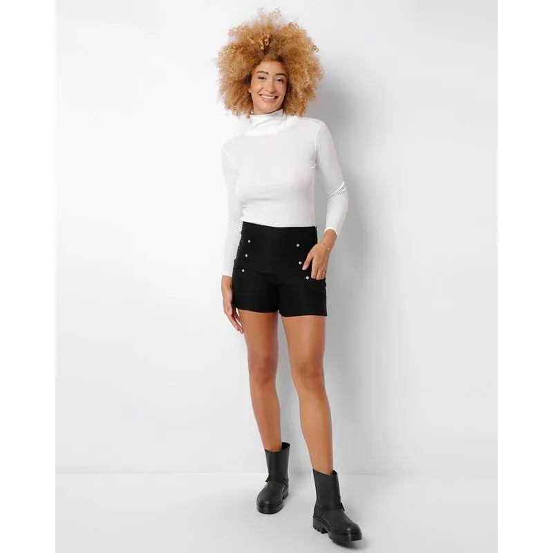 Short Feminino Curto Bengaline Com Aplicação Preto G
