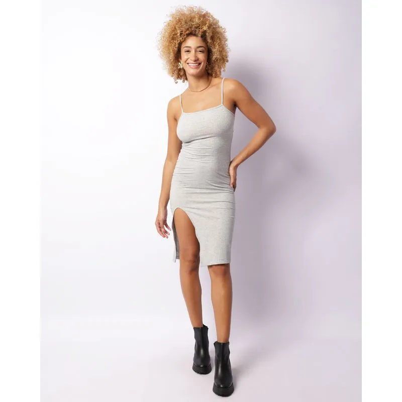 Vestido Feminino Curto Canelado Com Fenda Cinza M