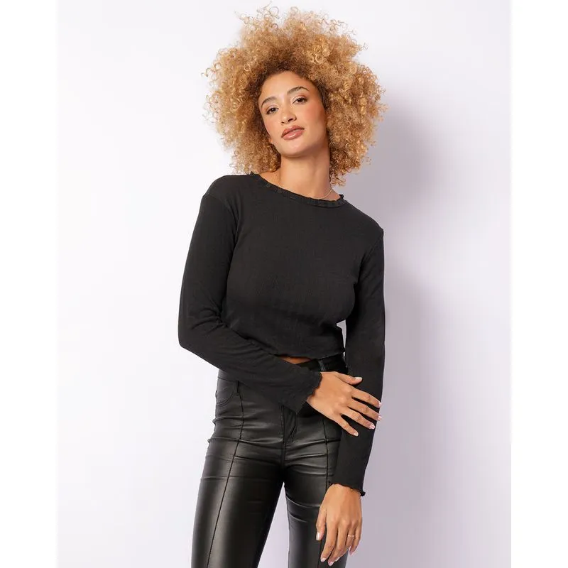 Blusa Feminina Cropped Canelada Frufru Manga Longa Preta G