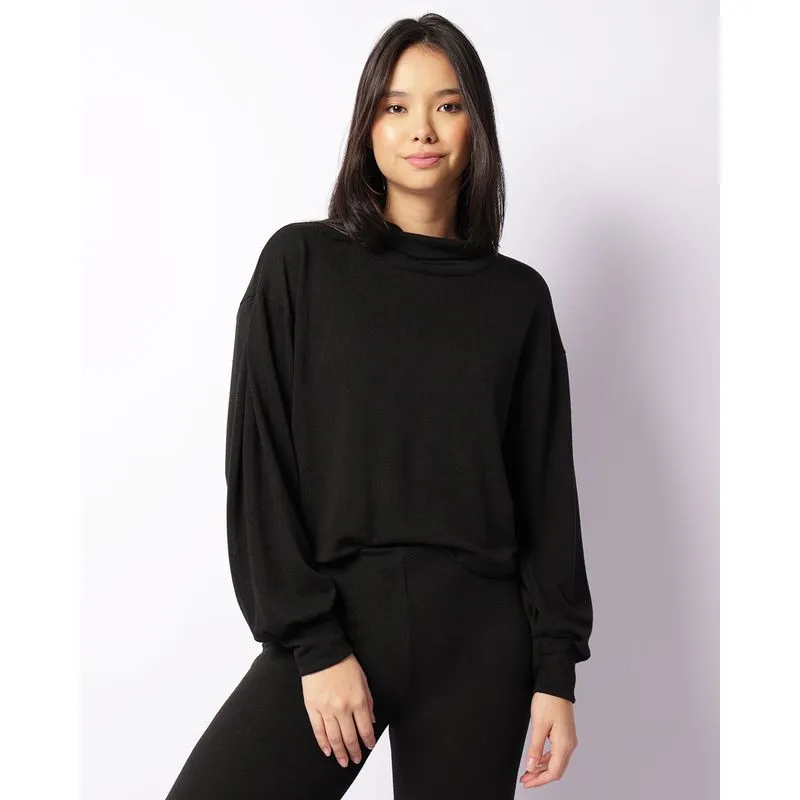Blusa Feminina Tricô Cropped Gola Alta Preta G
