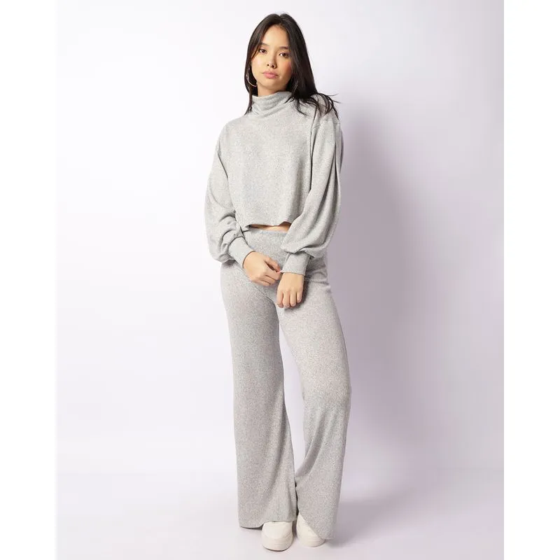 Calça Feminina Tricô Wide Leg Cinza P