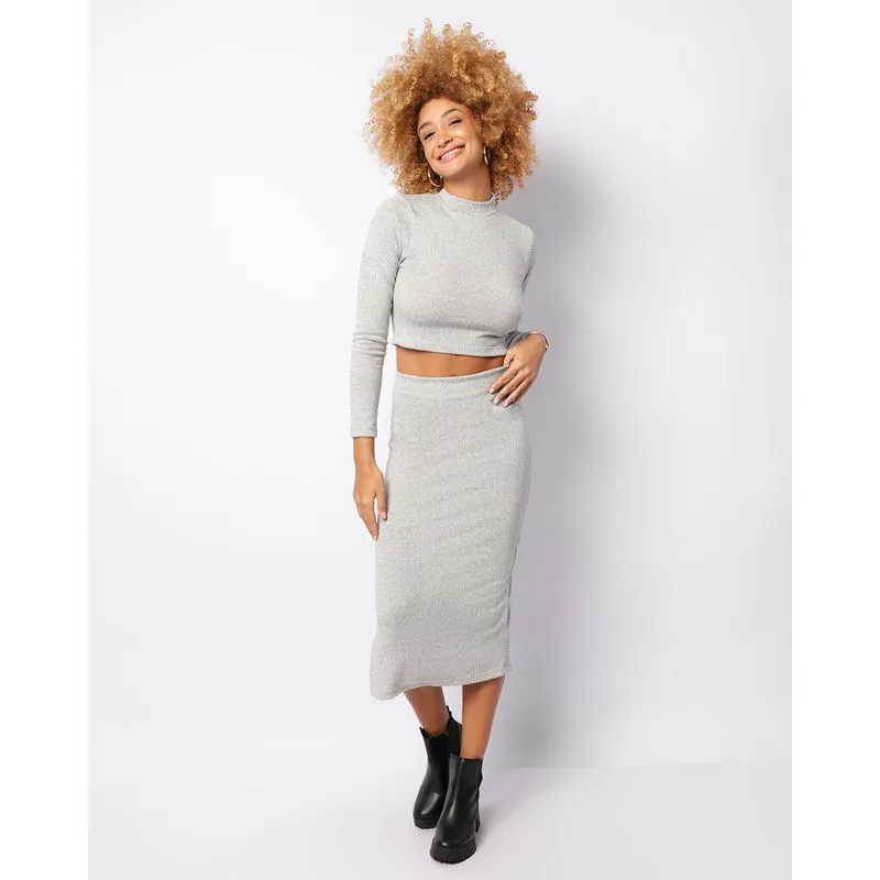 Saia Feminina Midi Com Fenda Cinza P