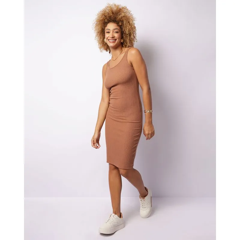 Vestido Feminino Regata Canelado Midi Bege M