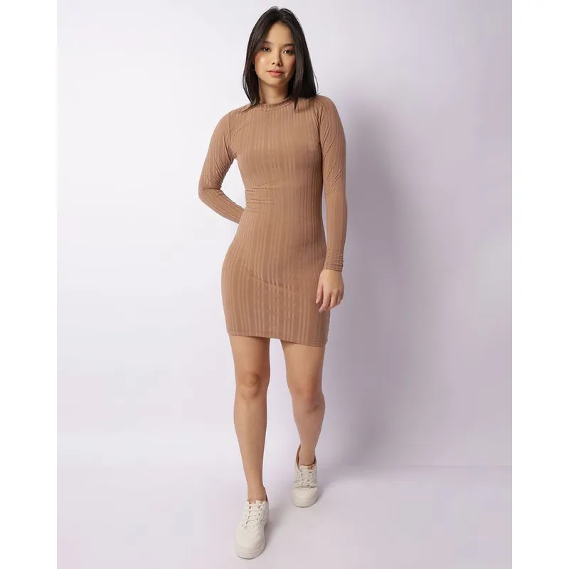 Vestido Feminino Canelado Sem Costura Manga Longa Gola Alta Marrom G