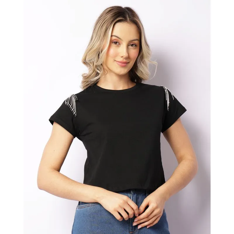 Blusa Feminina Manga Curta Com Franja De Strass No Ombro Preta M