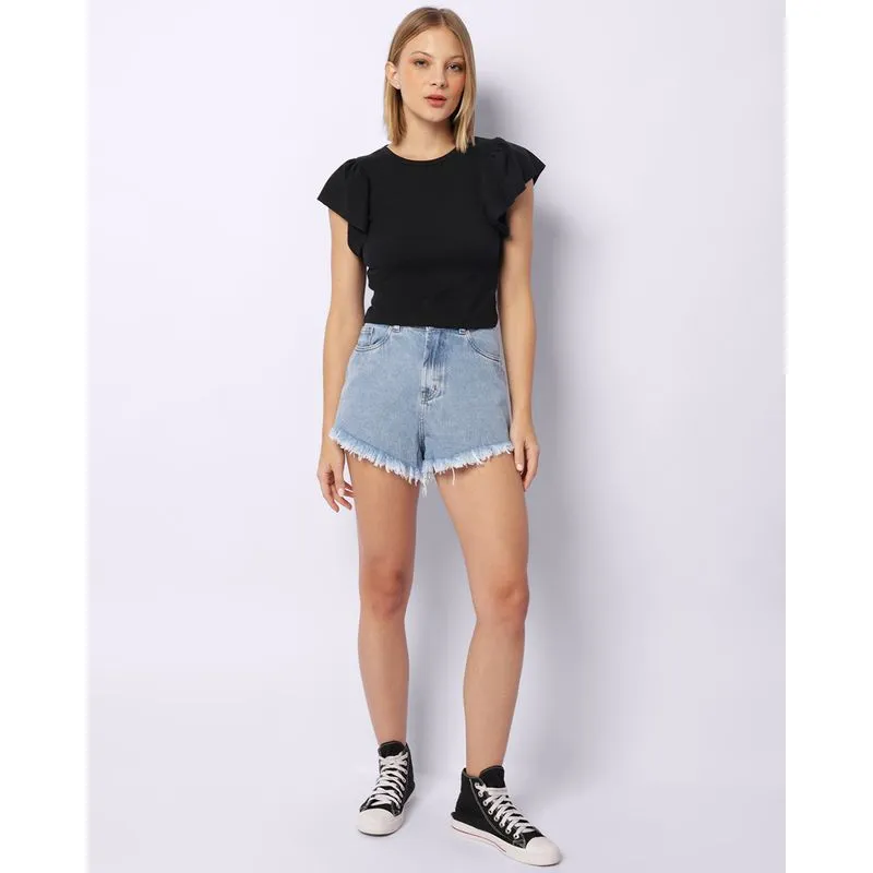 Short Jeans Feminino Curto Barra Desfiada Azul 40