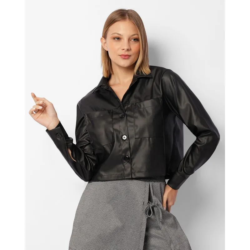 Jaqueta Feminina Cropped Cirrê Com Bolsos Preta G