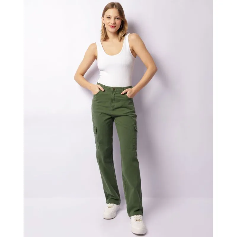 Calça Feminina Sarja Wide Leg Bolso Cargo Verde 44