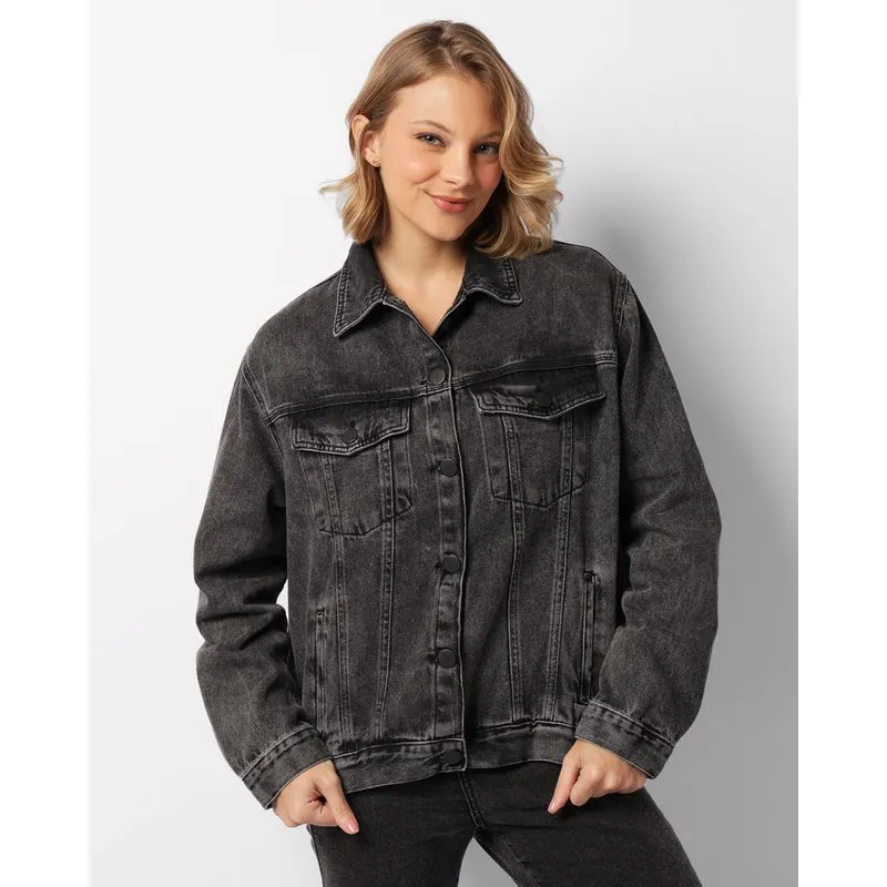 Jaqueta Jeans Feminina Manga Longa Com Bolso Preta GG