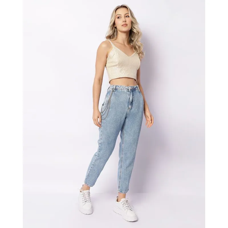 Calça Jeans Feminina Mom Com Corrente Azul 36