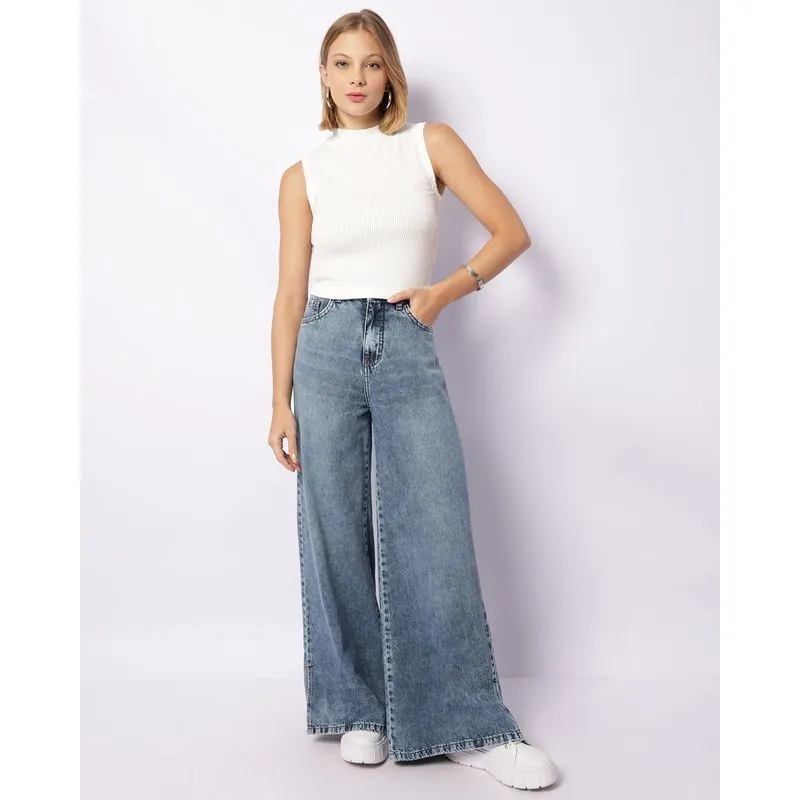 Calça Jeans Feminina Wide Leg Com Bolsos Marmorizada Azul 46