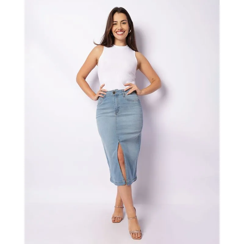 Saia Jeans Feminina Midi Fenda Frontal Azul 38