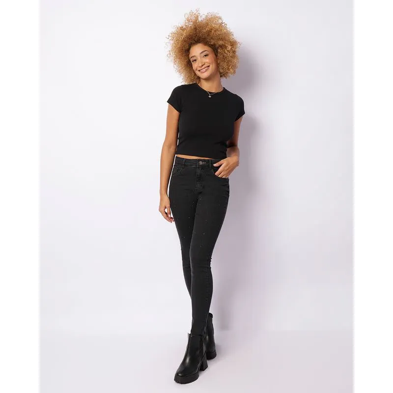Calça Jeans Feminina Skinny Aplique De Brilho Preta 38