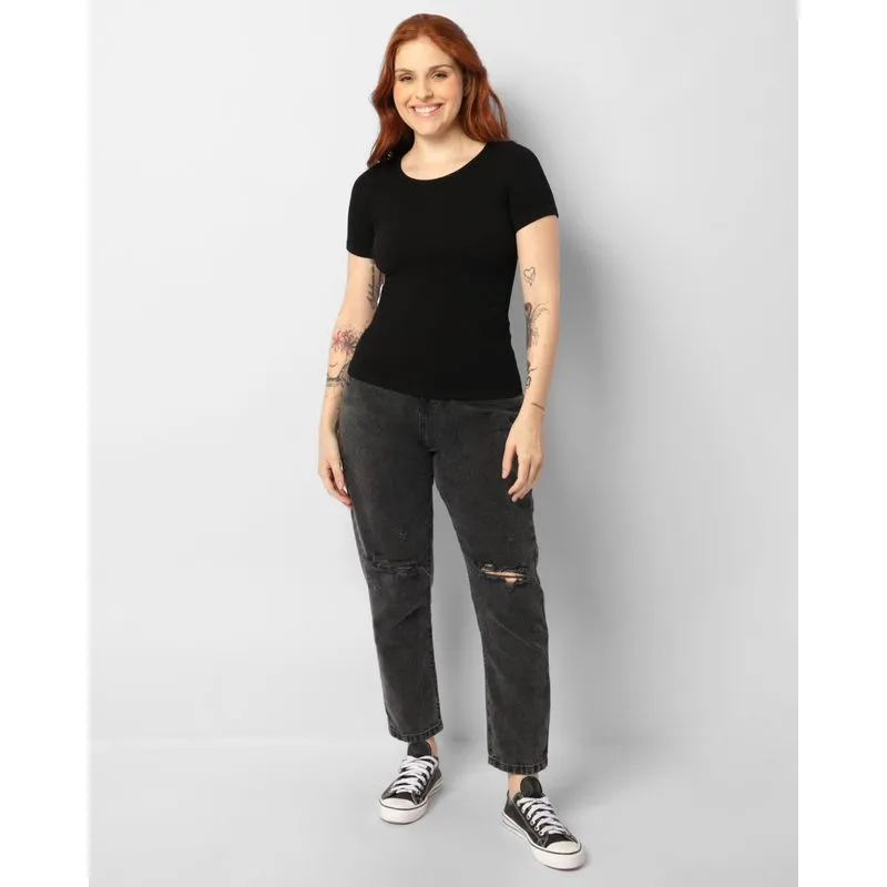 Calça Jeans Feminina Mom Destroyeds Preta 38