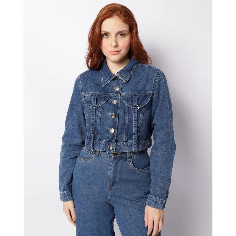 Jaqueta Jeans Feminina Cropped Cordão Com Argolas Azul GG