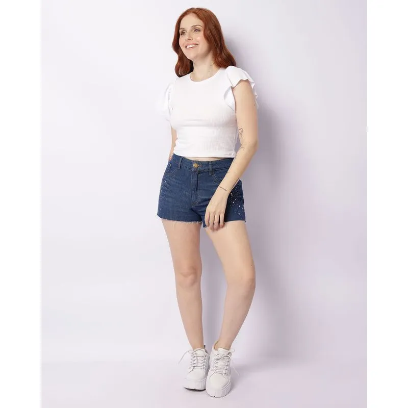 Short Jeans Feminino Com Aplicação De Brilho Azul 36