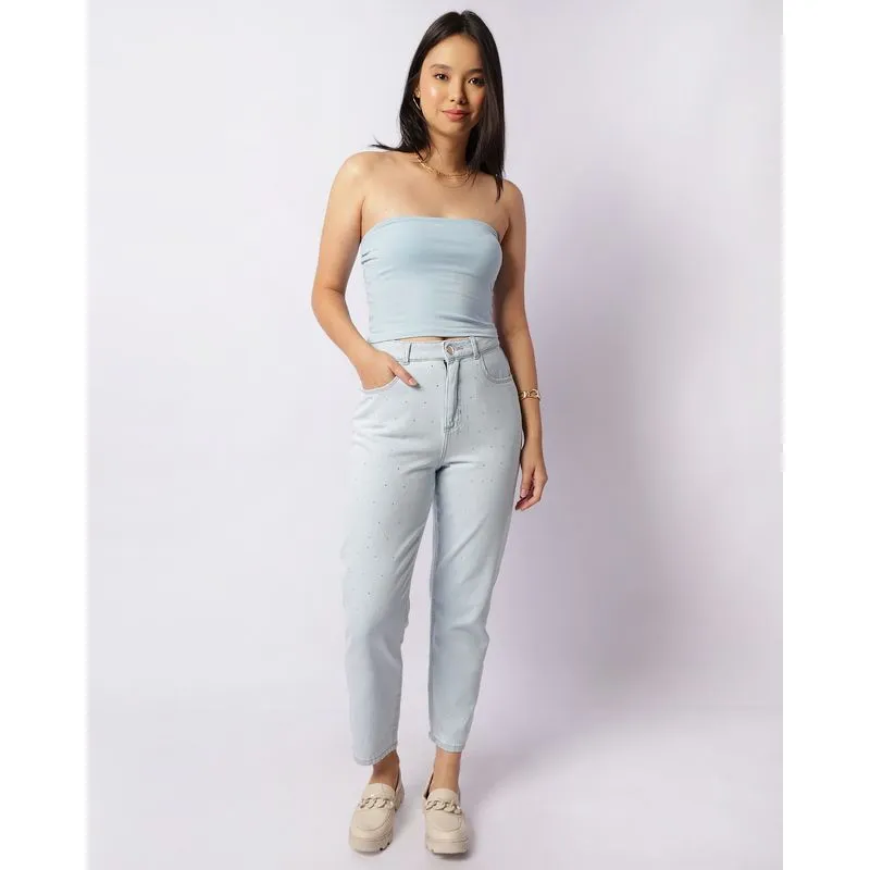Calça Jeans Feminina Mom Com Strass Azul 36