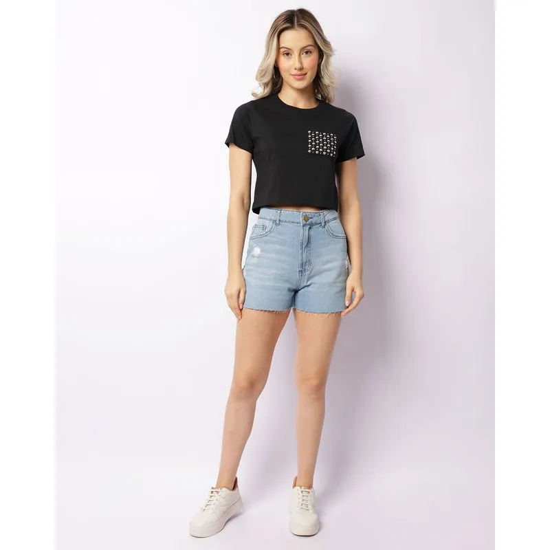Short Jeans Feminino Barra Desfiada Com Destroyed Azul 44