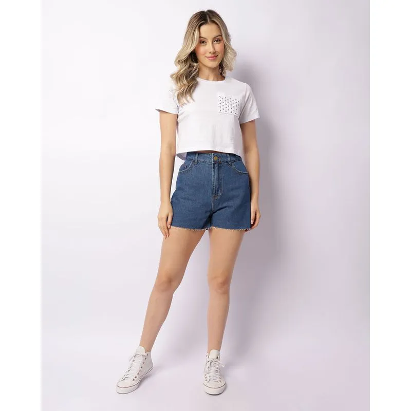 Short Jeans Feminino Barra Desfiada Azul 42