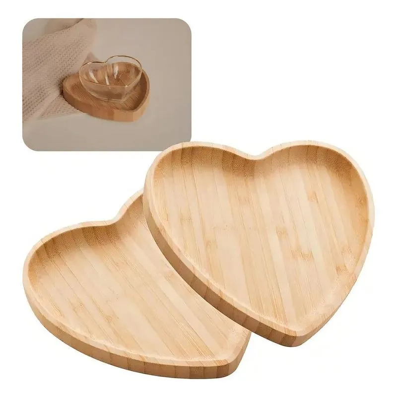 3x Kit 2 Bandejas De Bambu Pires Travessa Coração Heart 12cm