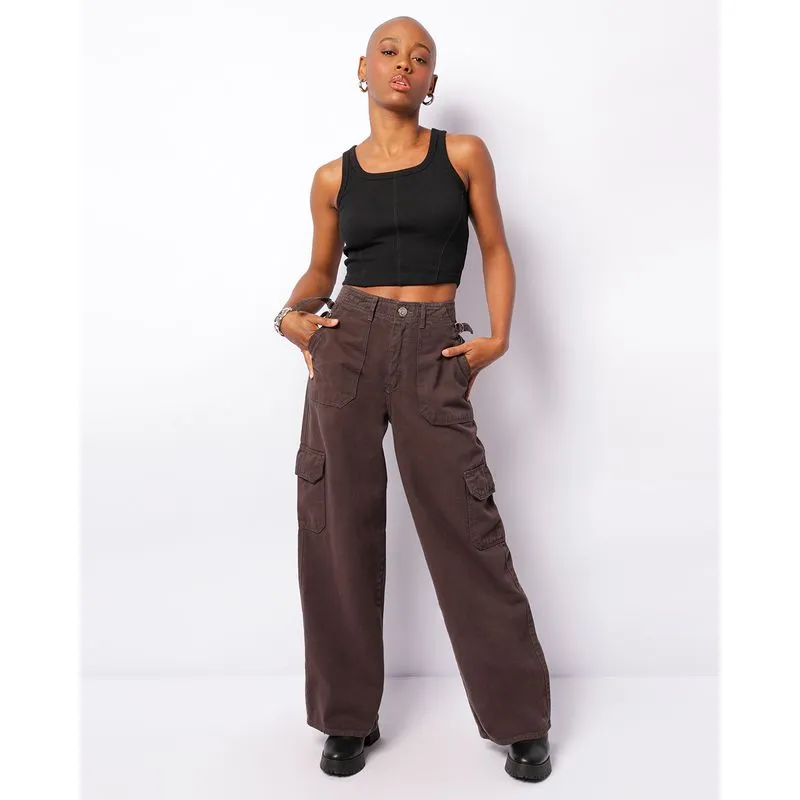 Calça Sarja Feminina Wide Leg Bolsos Cargo Cinza 46