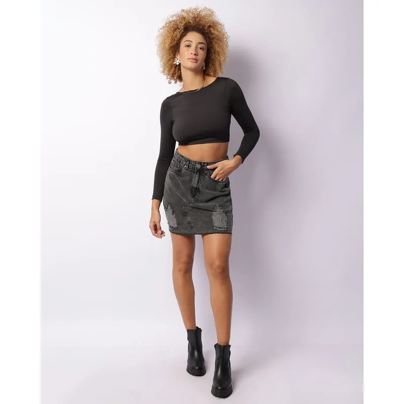 Saia Jeans Feminina Recorte Frontal Destroyed Preta 36