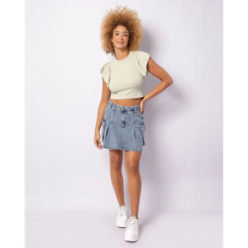 Saia Jeans Feminina Curta College Bolso Cargo Azul 42