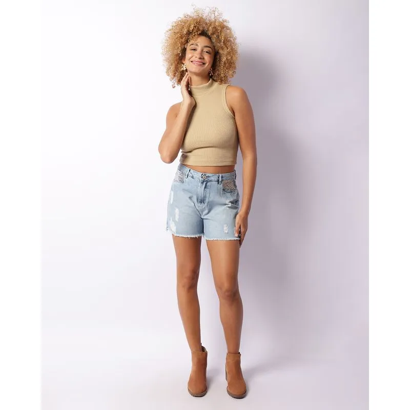 Short Jeans Feminino Destroyed Aplicação Paetê Azul 36