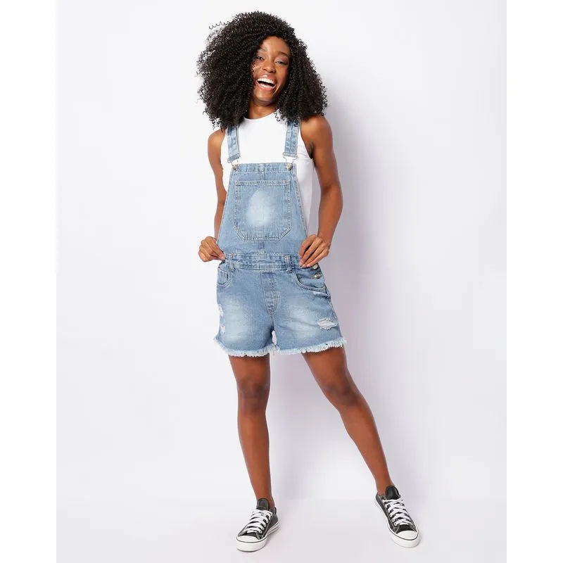 Jardineira Jeans Feminina Destroyed Com Bolso Azul P