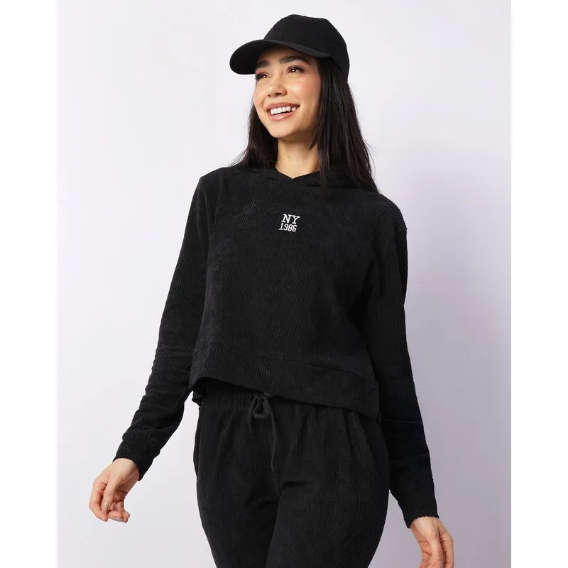 Blusão Feminino Manga Longa Cotelê Com Capuz Preto P