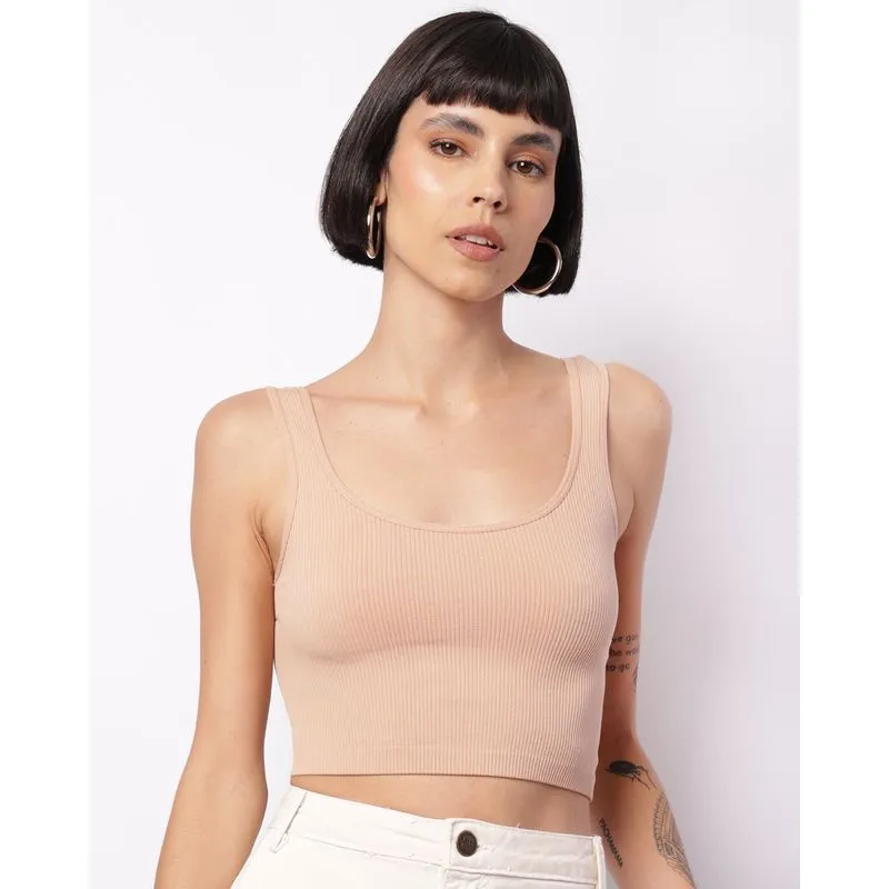 Regata Feminina Cropped Canelada Sem Costura Bege G