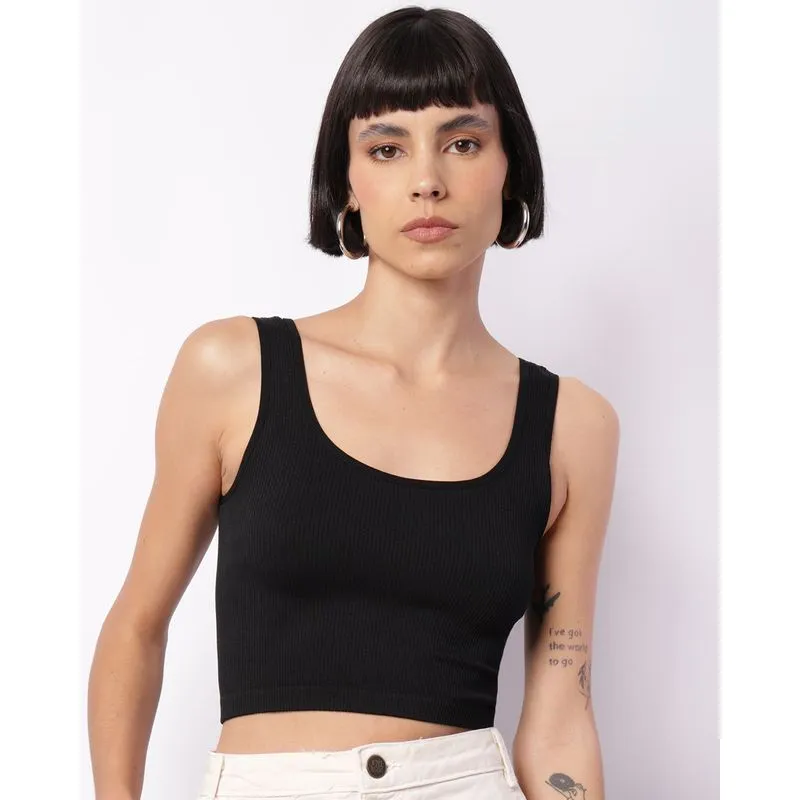 Regata Feminina Cropped Canelada Sem Costura Preta G