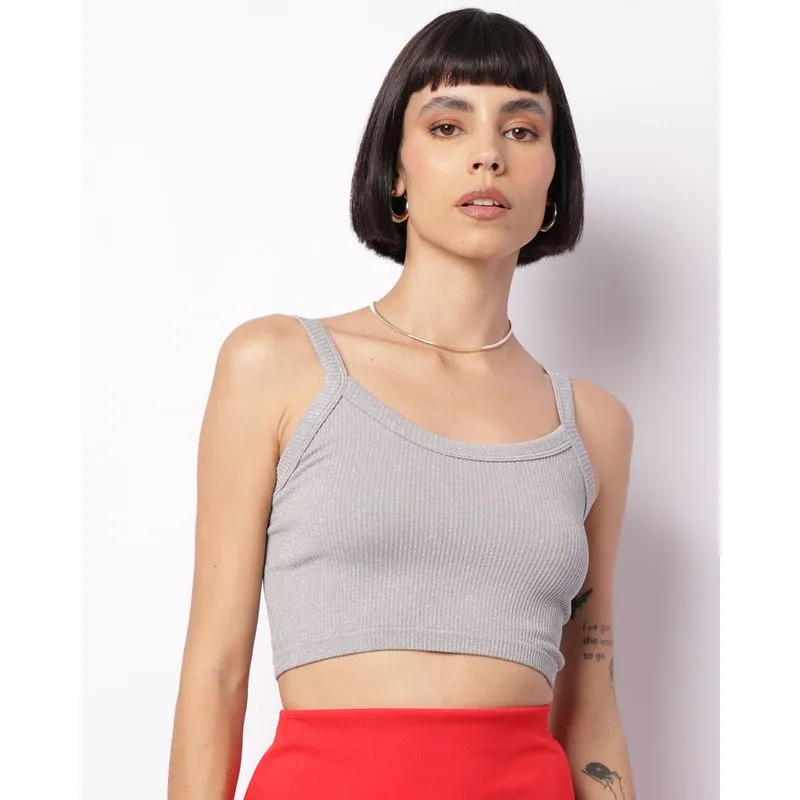 Regata Feminina Cropped Sem Costura Com Lurex Cinza G
