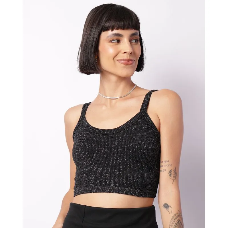 Blusa Feminina Cropped Alcinha com Lurex Preta P