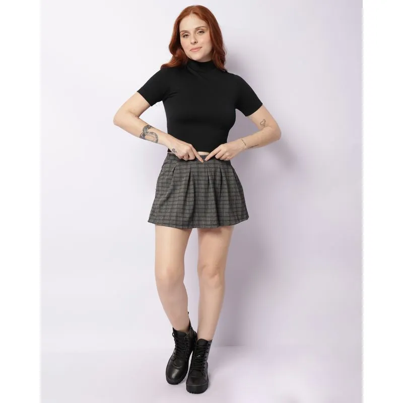Short Saia Feminino Plissada Curto Xadrez Preto M