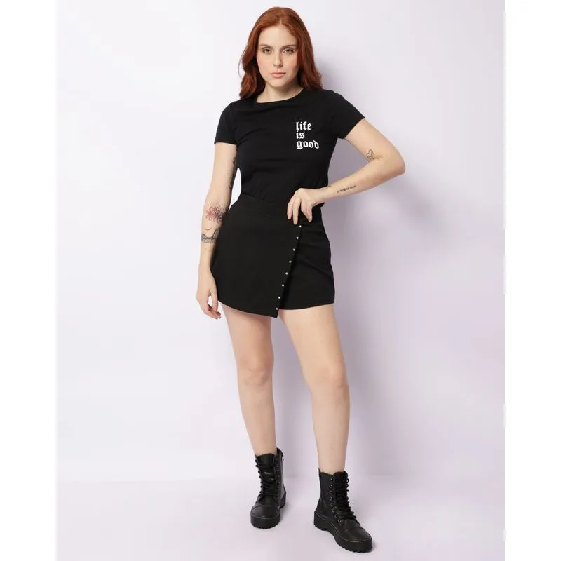 Short Saia Feminino Curto Com Aplicação Frontal De Brilho Preto P
