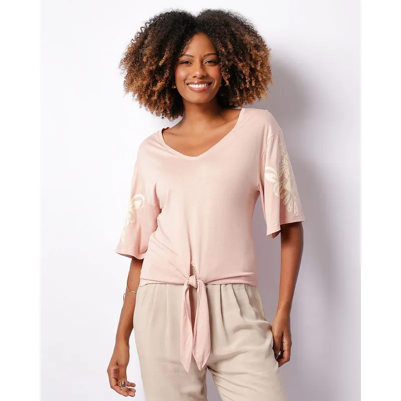 Blusa Feminina Manga Curta Com Amarração Estampada Rosa M
