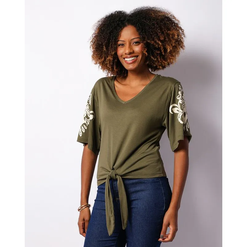 Blusa Feminina Manga Curta Com Amarração Estampada Verde M
