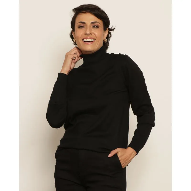Blusa Feminina Tricô Canelado Cacharrel Manga Longa Preta P