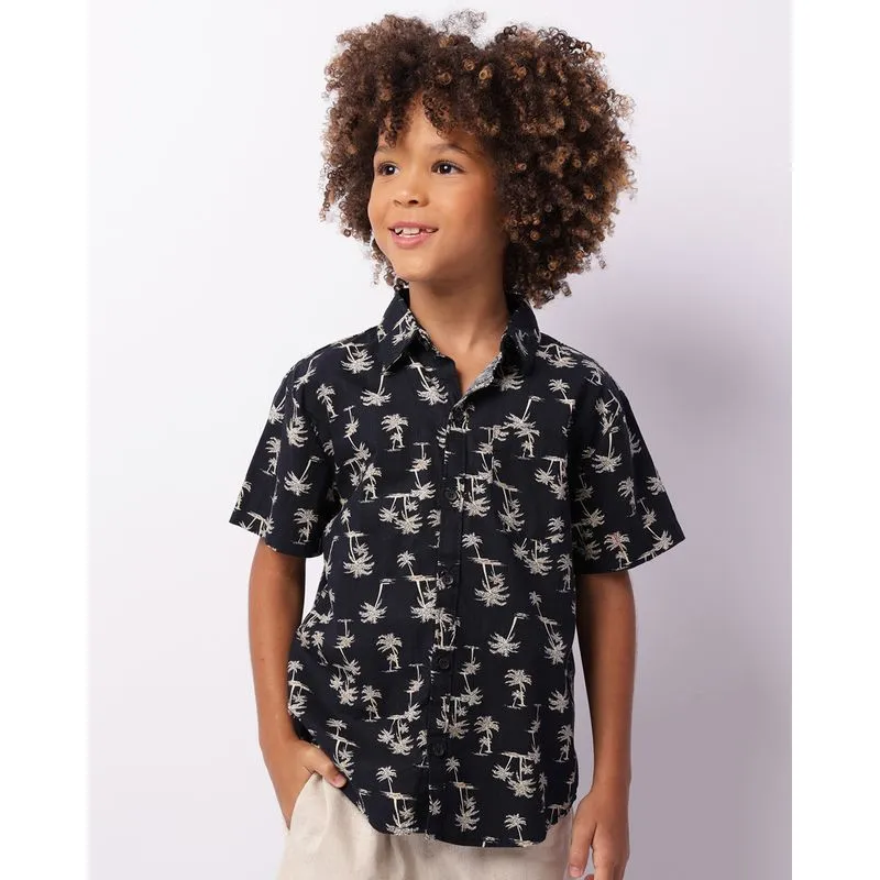 Camisa Infantil Manga Curta Estampa Tropical Marinho 10