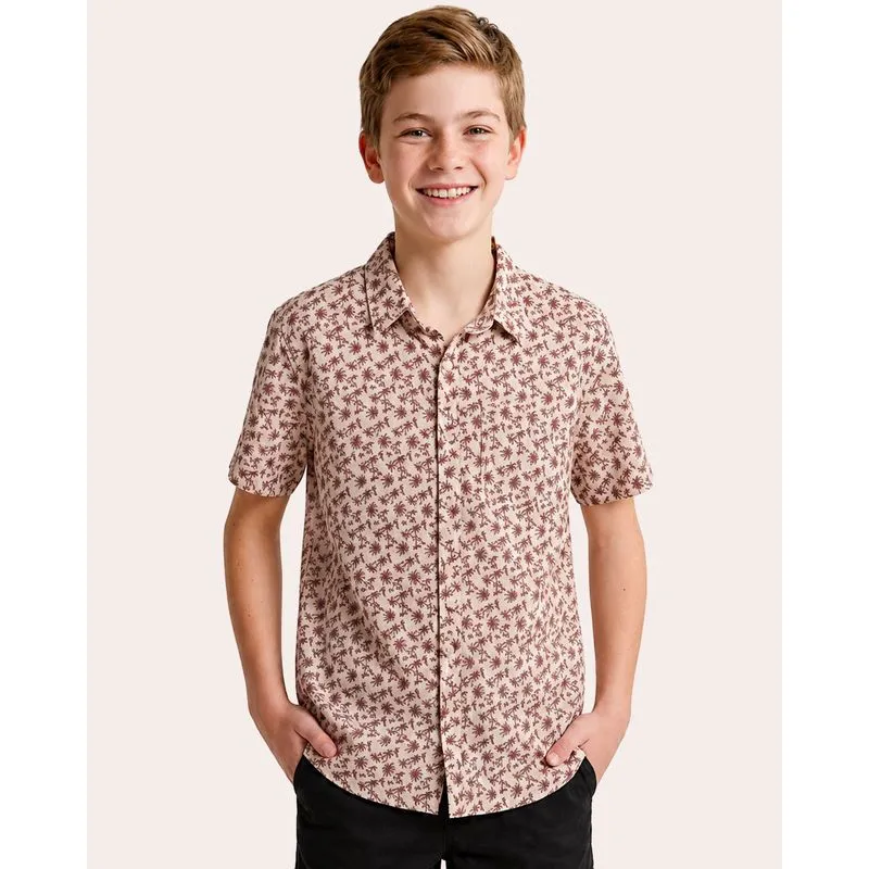 Camisa Juvenil Algodão com Bolso Tropical Manga Curta Branca 14