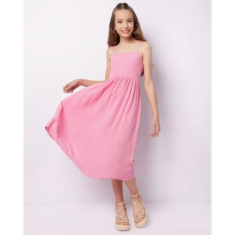 Vestido Juvenil Midi Viscose Alcinha Amarração Rosa 14