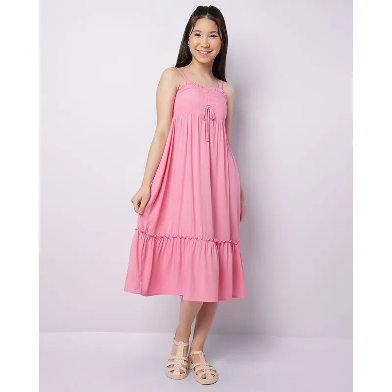 Vestido Juvenil Midi Viscose Alcinha Com Babado Rosa 12