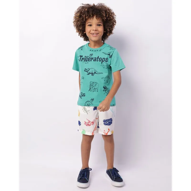 Bermuda Infantil Reta Estampada Dinossauro Branca 4