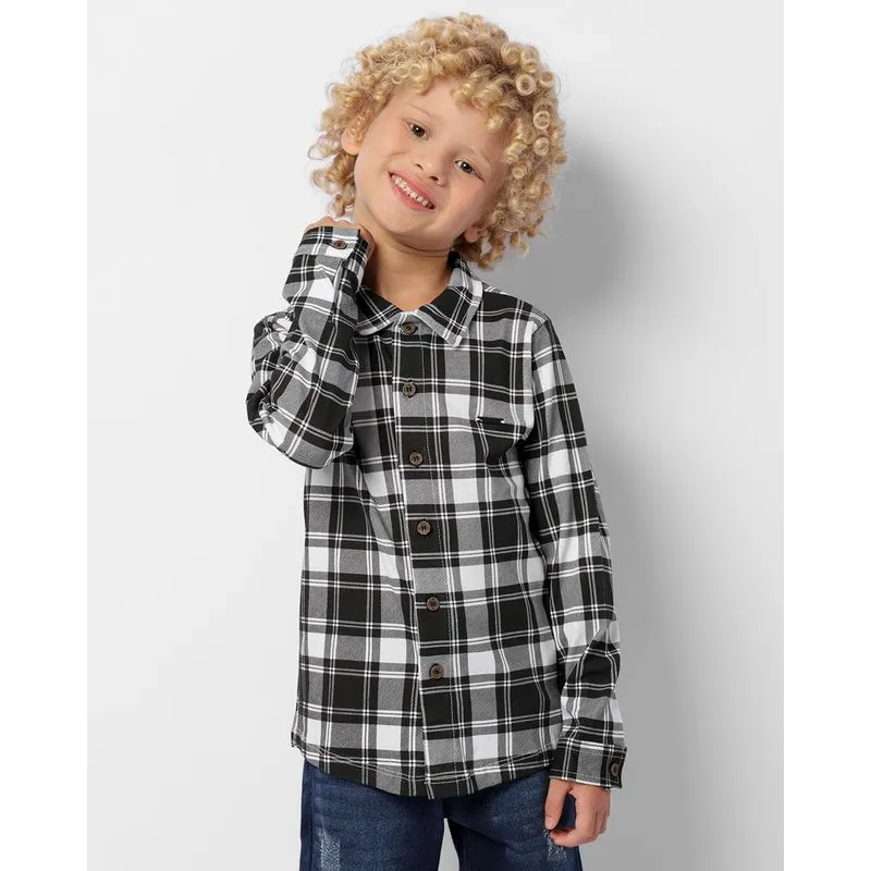 Camisa Infantil Estampada Xadrez Manga Longa Branca 6