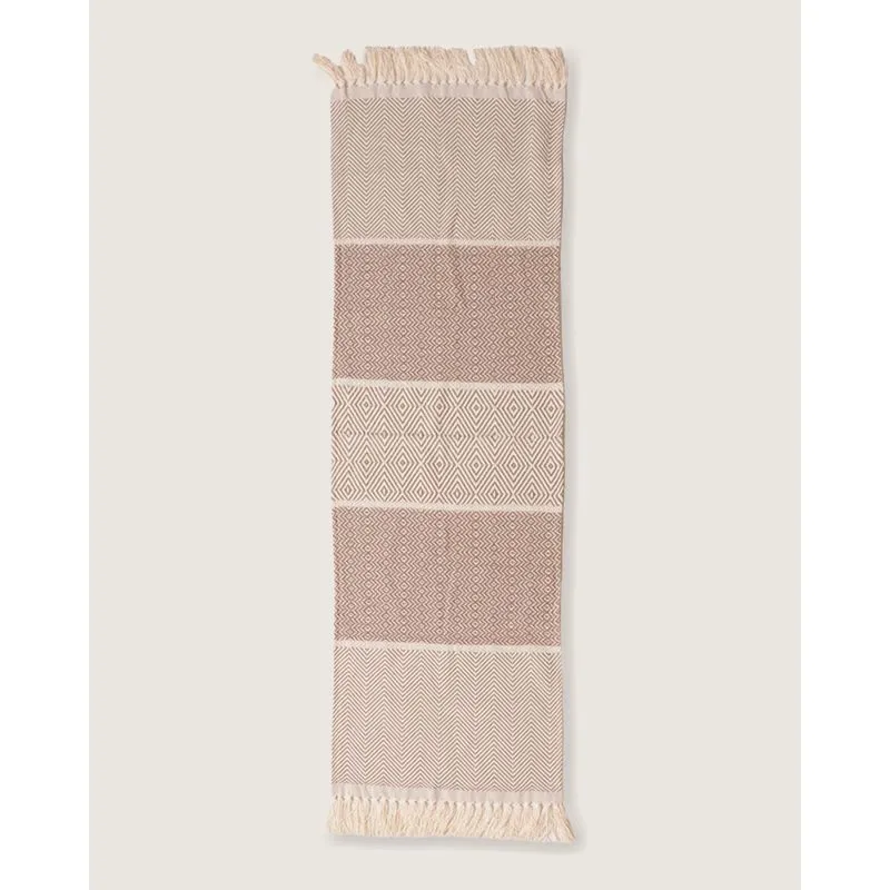 Tapete Passadeira Retangular 47cm x 140cm Bordado Étnico com Franjas Bege UN