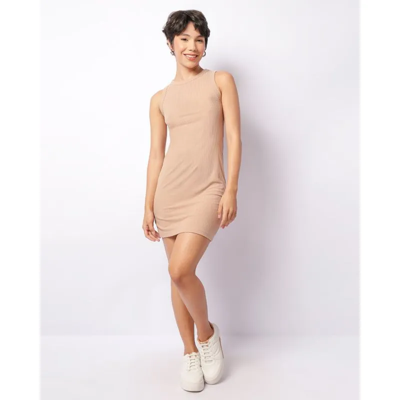 Vestido Feminino Regata Canelado Curto Bege G
