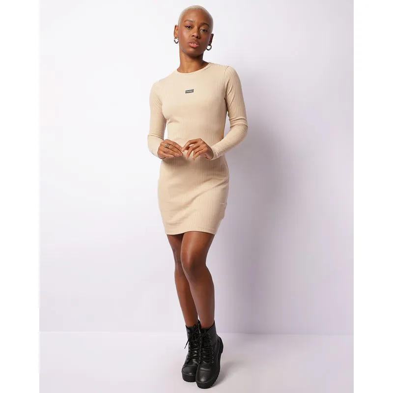 Vestido Feminino Curto Manga Longa Canelado Bege M