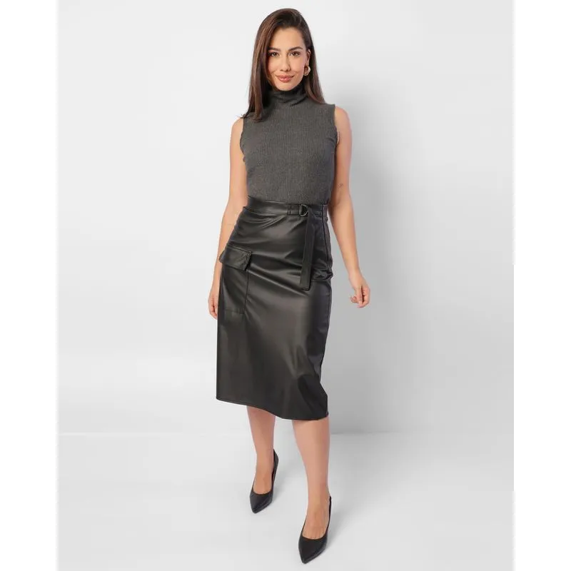 Saia Feminina Midi Cirrê Com Bolso Preta GG