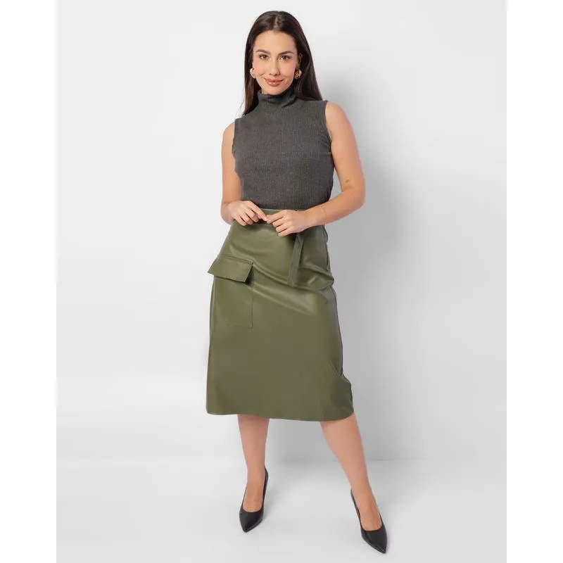 Saia Feminina Midi Cirrê Com Bolso Verde M
